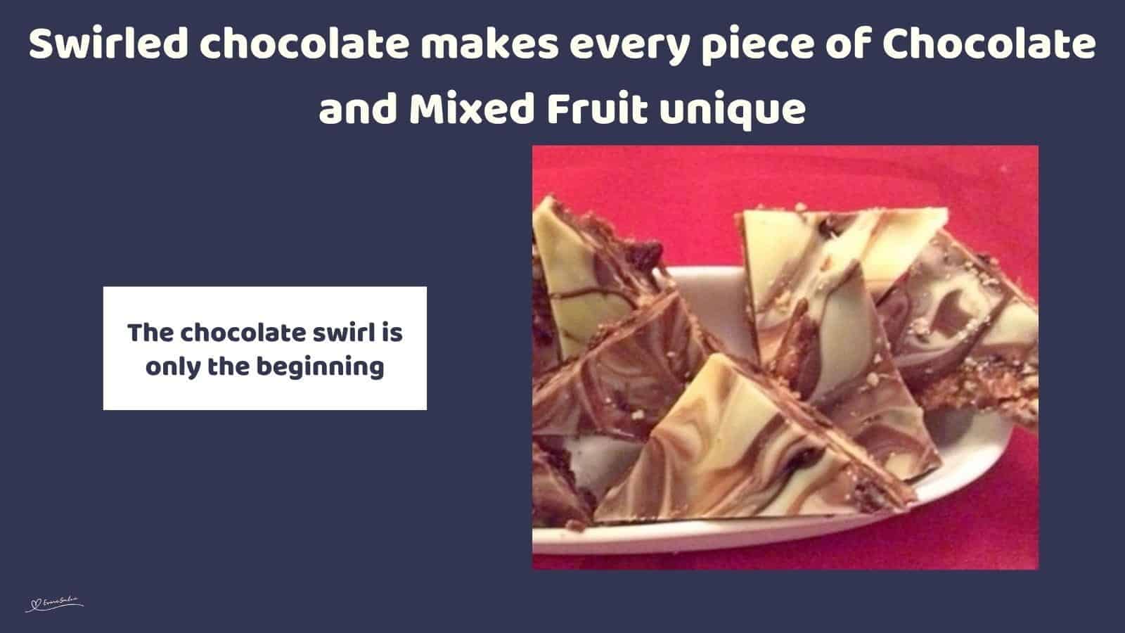 An image of Chocolate and Mixed Fruit Triangles with biscuit pieces and studded with dried fruit