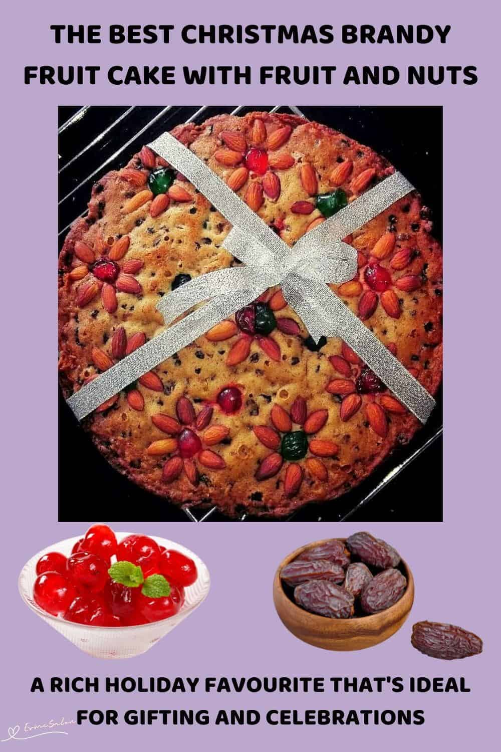 An image of a Christmas Brandy Fruit Cake Decorated with Nuts, Cherries and a Ribbon