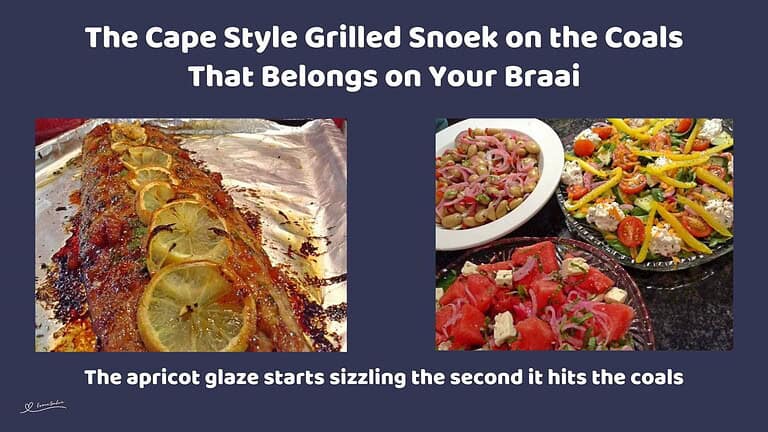 An image of Grilled Snoek basted with apricot jam and topped with slices of lemon on tinfoil prepared on the Coals