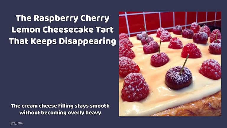 An image of a Raspberry Cherry Lemon Cheesecake Tart
