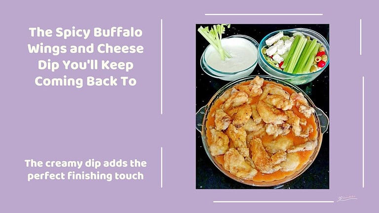 An image of Spicy Buffalo Wings and a Blue Cheese Dip served with celery sticks