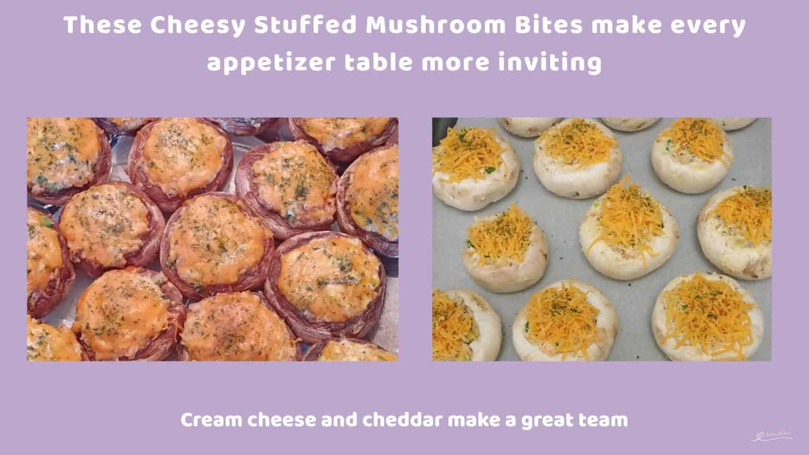 An image of Mushroom caps filled with a cream cheese mixture and topped with cheddar
