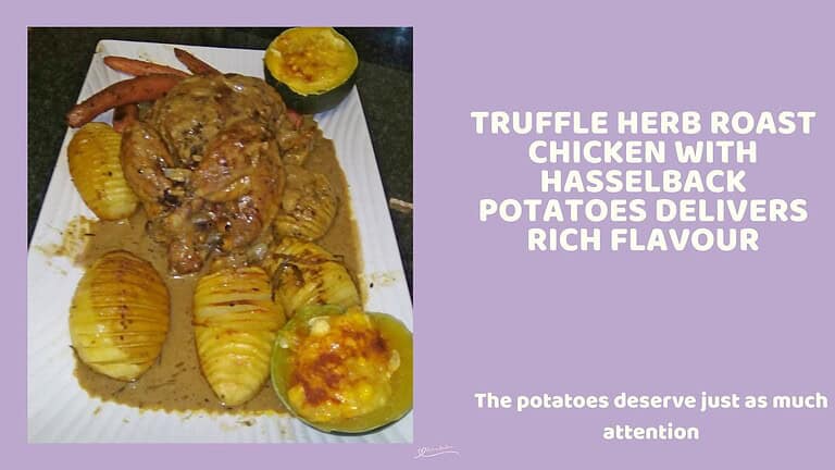 An image of a Truffle Herb Roast Chicken with Hasselback Potatoes with Fresh Herbs and Garlic