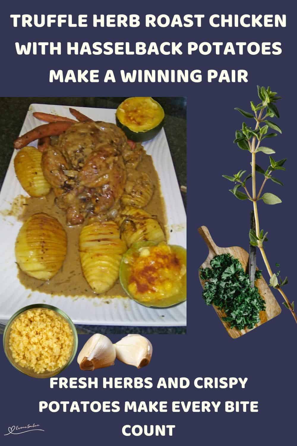 An image of a Truffle Herb Roast Chicken with Hasselback Potatoes with Fresh Herbs and Garlic