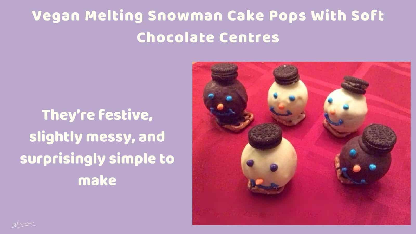 An image of white and brown Vegan Melting Snowman Cake Pops sitting on pretzels with an oreo hat
