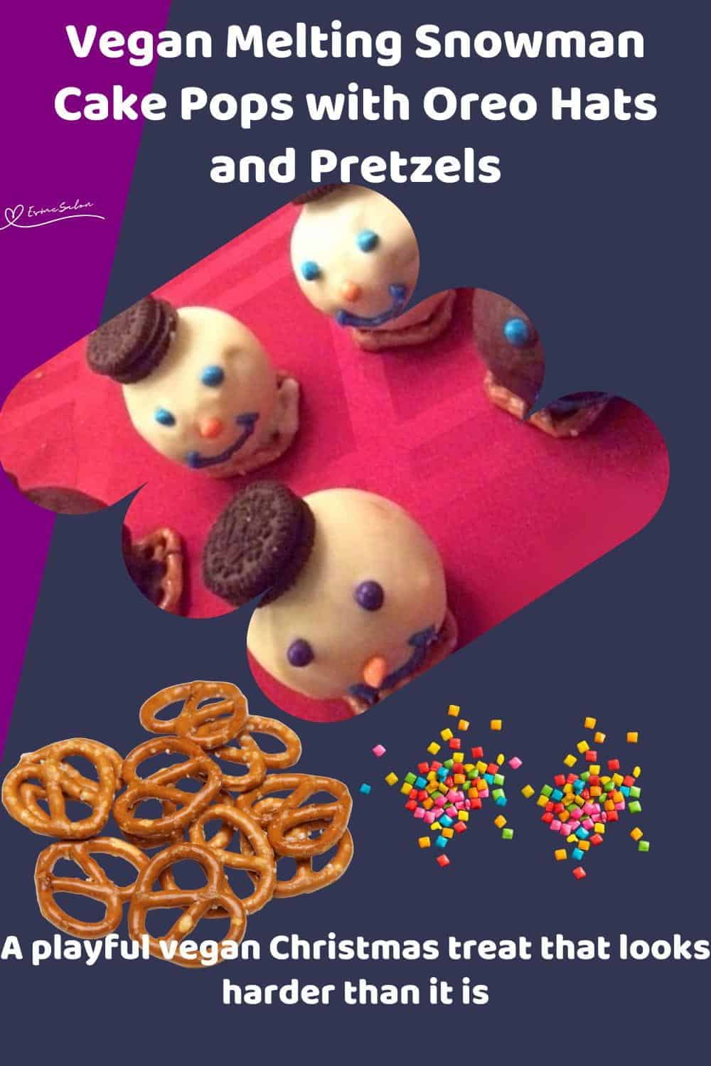 An image of white and brown Vegan Melting Snowman Cake Pops sitting on pretzels with an oreo hat