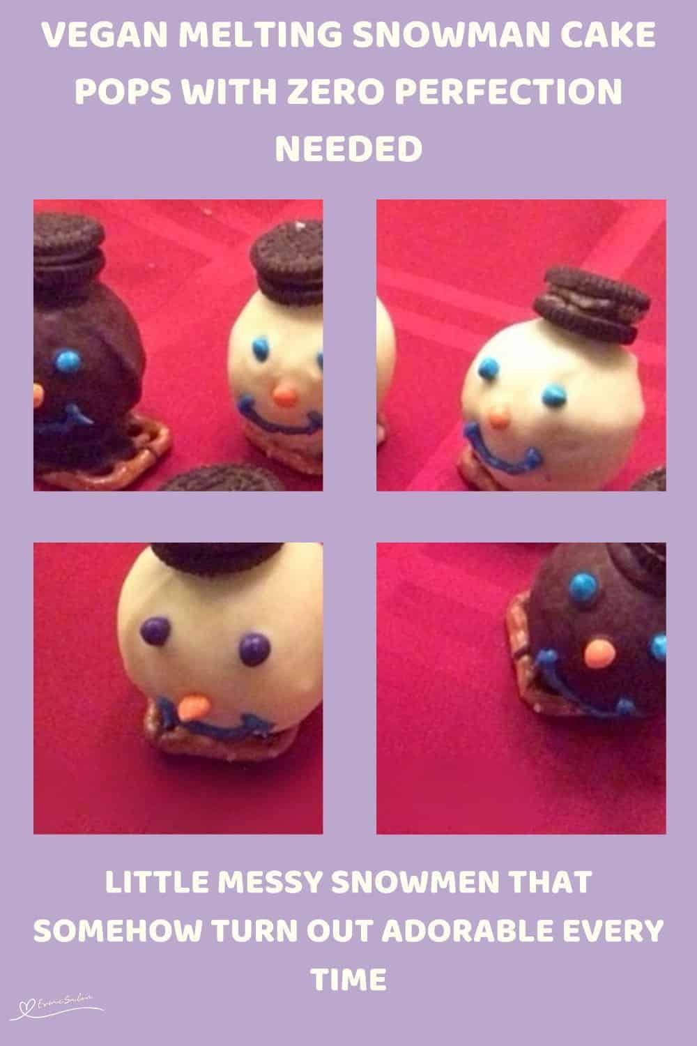 An image of white and brown Vegan Melting Snowman Cake Pops sitting on pretzels with an oreo hat