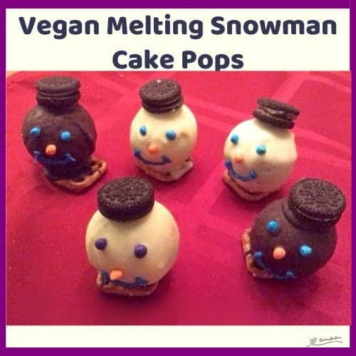 An image of white and brown Vegan Melting Snowman Cake Pops sitting on pretzels with an oreo hat