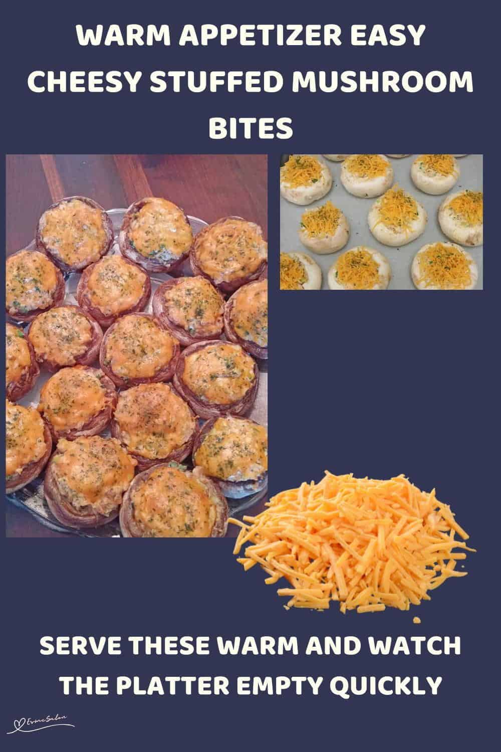 An image of Mushroom caps filled with a cream cheese mixture and topped with cheddar