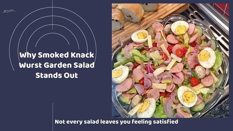 An image of a plate with Smoked Knack Wurst Garden Salad, with Creamy Avocado and Emmenthal Cheese