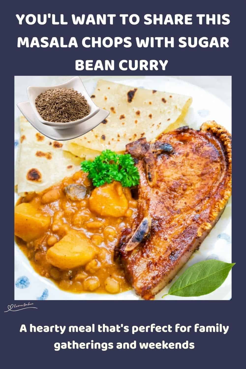 An image of a single Masala Chop with Sugar Bean Curry and roti