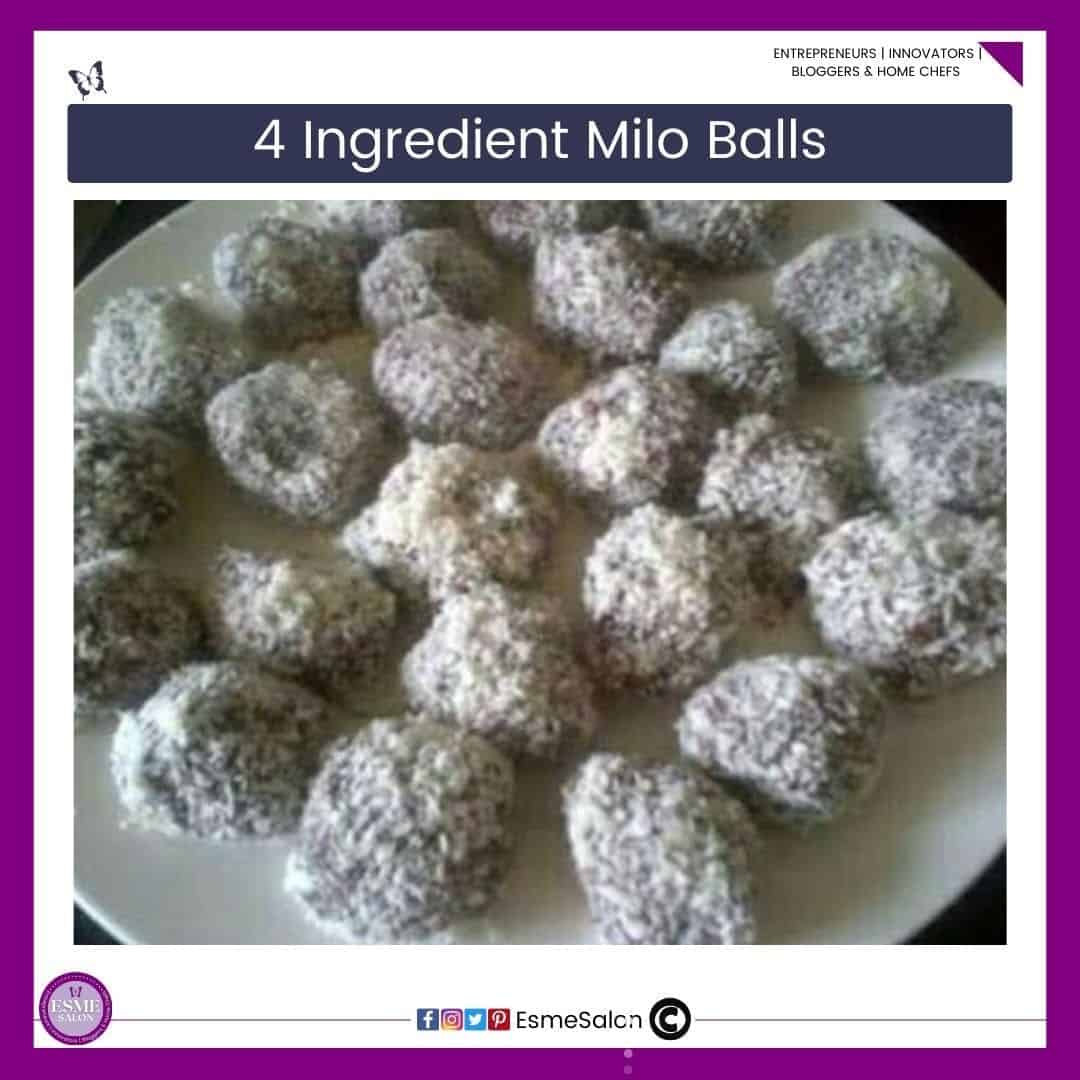 an image of a white plate filled with coconut covered Milo Balls