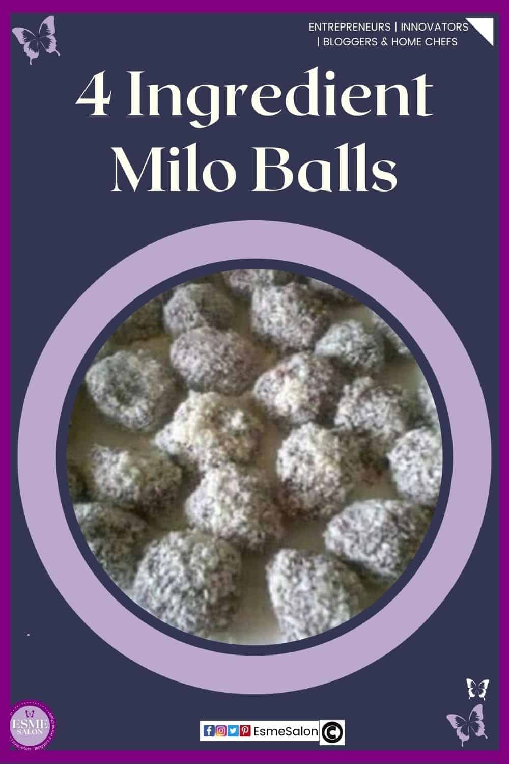 an image of a white plate filled with coconut covered Milo Balls