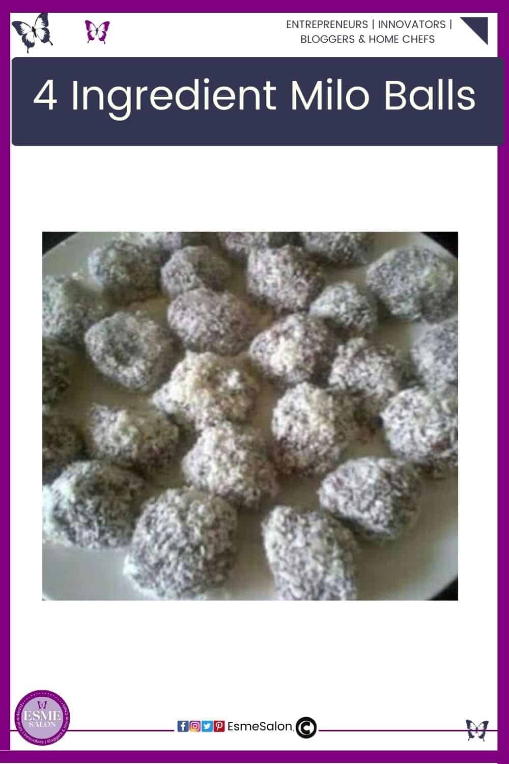 an image of a white plate filled with coconut covered Milo Balls