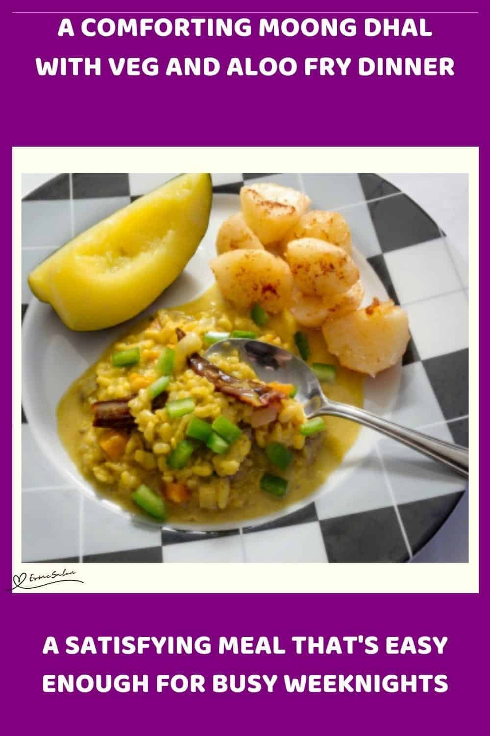 An image of Moong Dhal with Veg and Aloo Fry with a coconut sauce and squash on the side