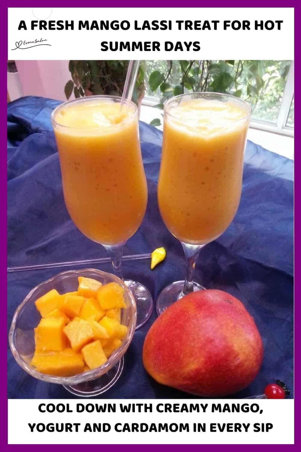 An image of 2 tall glasses of mango lassi with plain yogurt and green cardamom powder