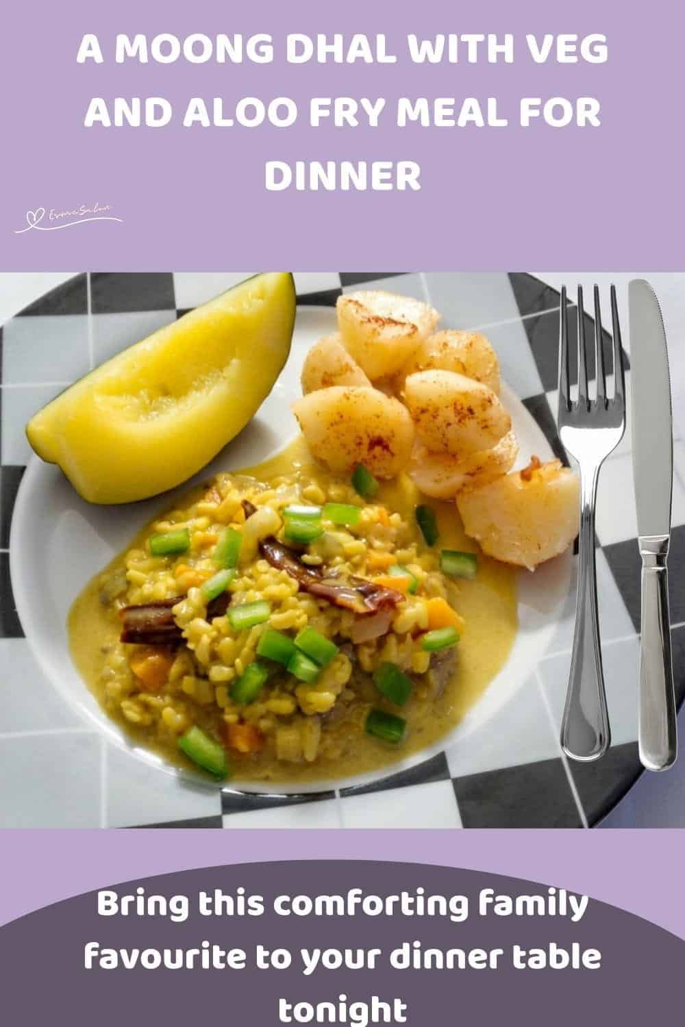 An image of Moong Dhal with Veg and Aloo Fry with a coconut sauce and squash on the side