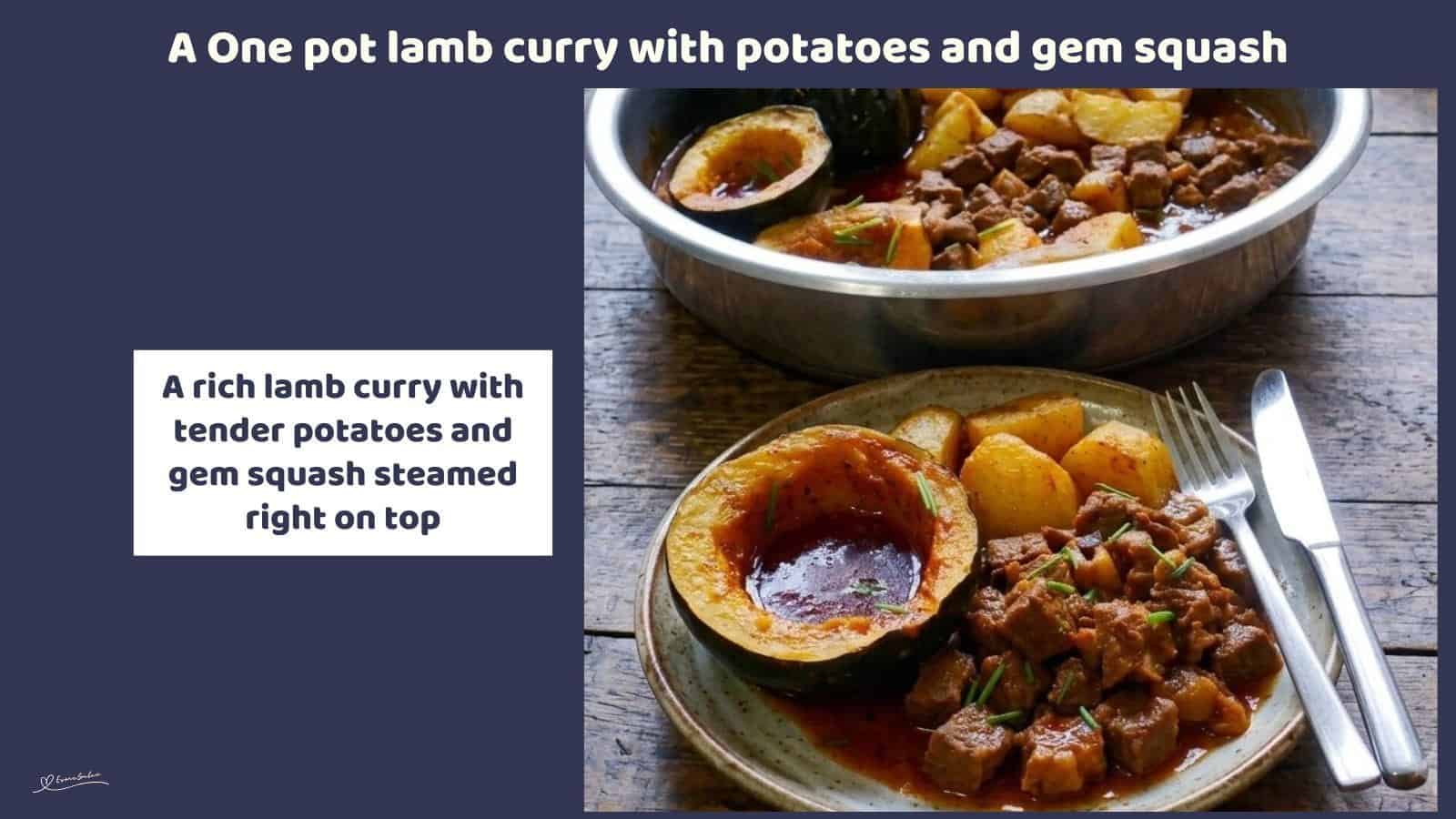 An image of a bowl of Lamb Curry with Steamed Gem Squash on top and made in a pot