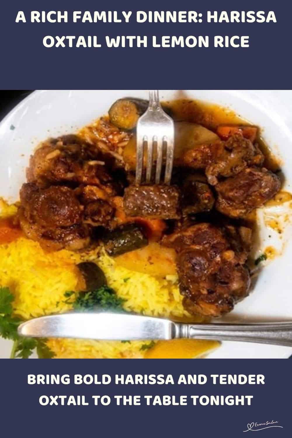 An image of a plate filled with Harissa Oxtail with Lemon Basmati Rice, toasted whole spices, tomatoes and Moroccan seasoning