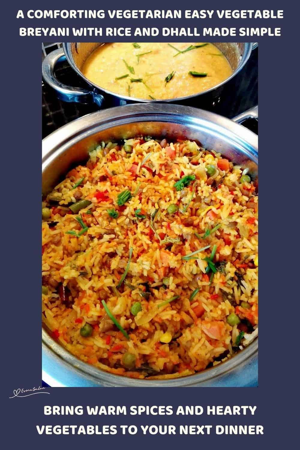 An image of a colourful, bold spice Vegetable Breyani with Rice and Dhall
