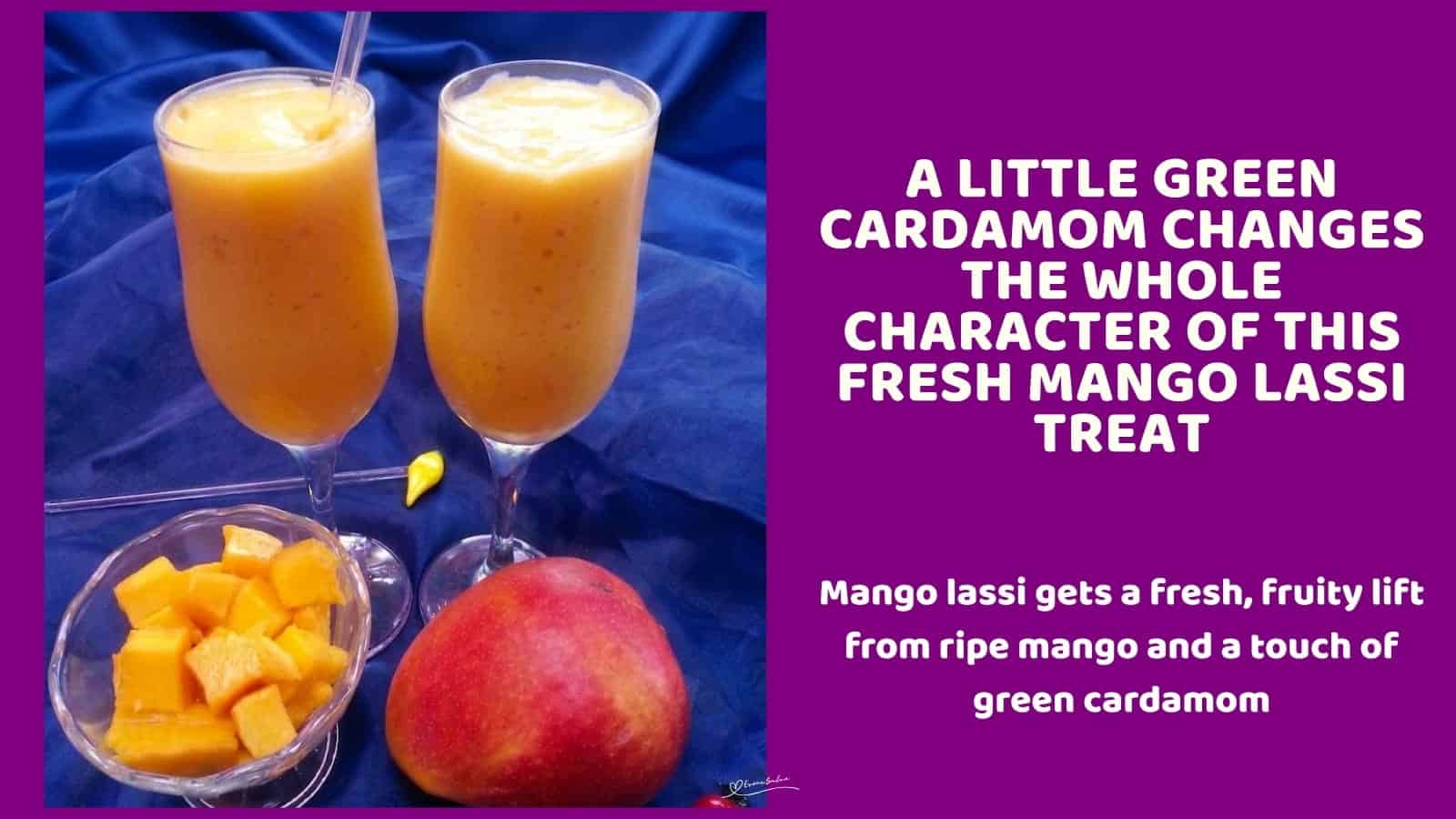 An image of 2 tall glasses of mango lassi with plain yogurt and green cardamom powder