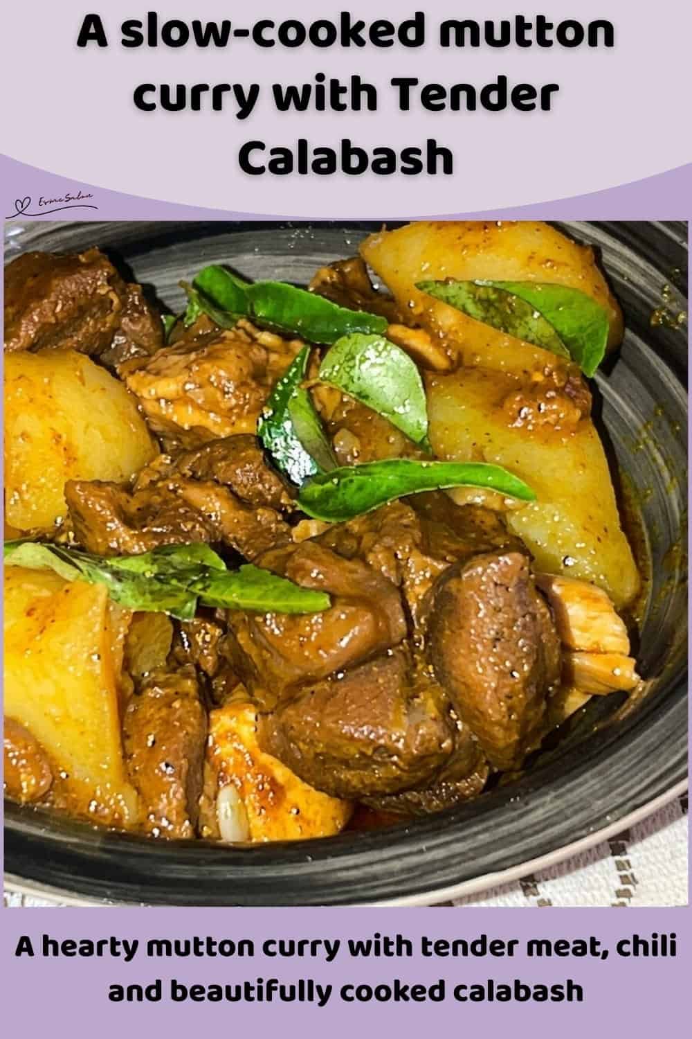 An image of a bowl and plate filled with mutton curry with Tender Calabash soaking in a spicy gravy
