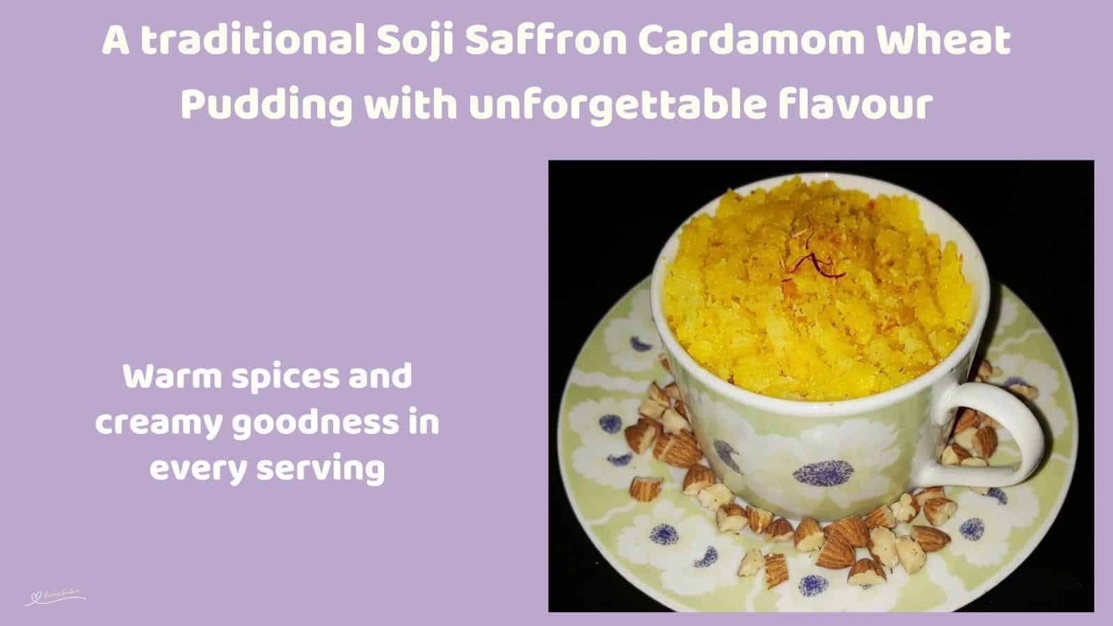 An image of a mug filled with Soji Saffron Cardamom Wheat Pudding with Coconut, Almonds, Sultanas, Saffron, and Cardamom