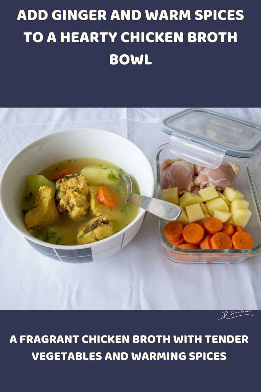 An image of a bowl of Hearty Chicken Broth Bowl with ginger, fennel, chili and potato