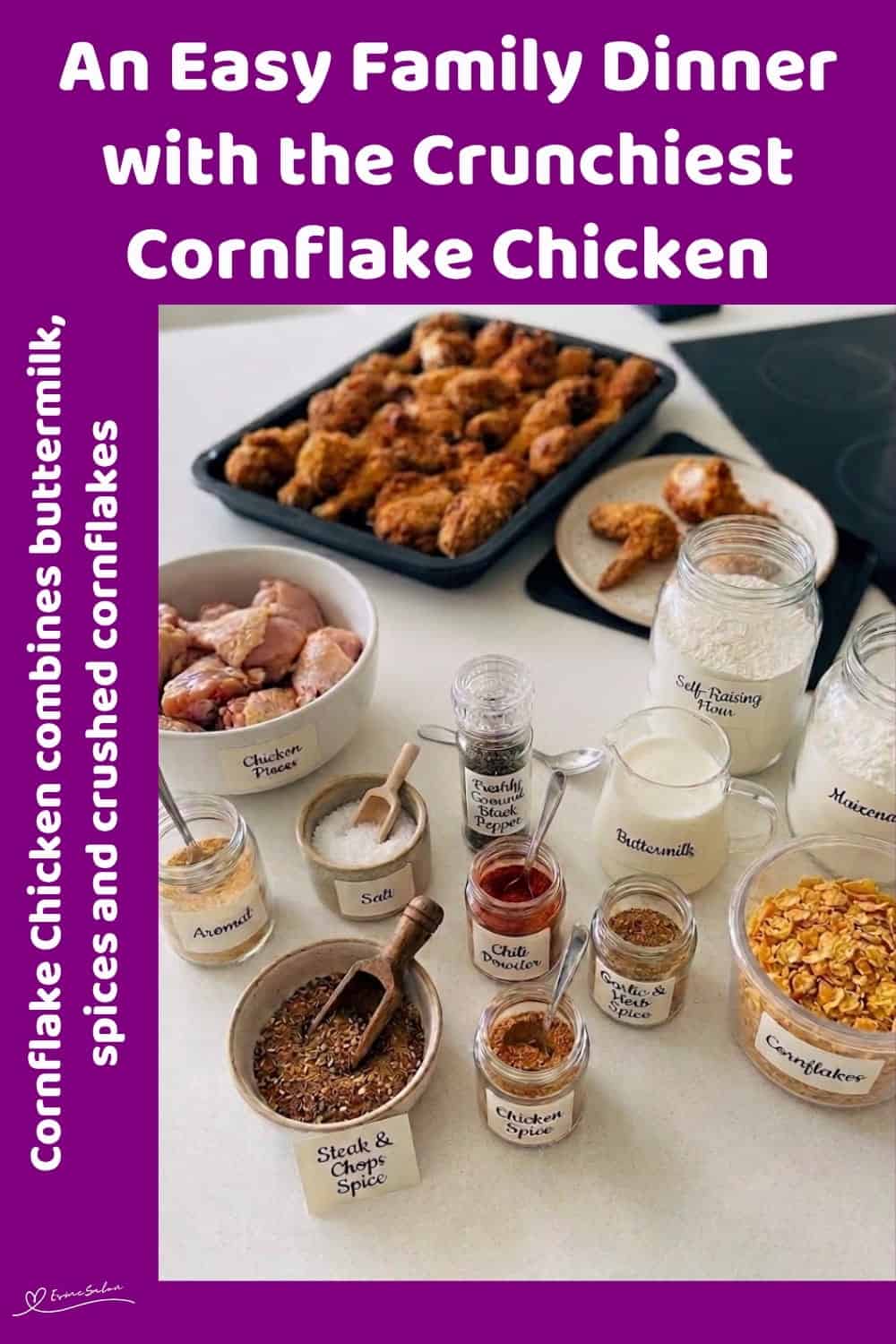 An image of a dripping rack with Crunchiest Cornflake Chicken made of cornflakes, spices and buttermilk