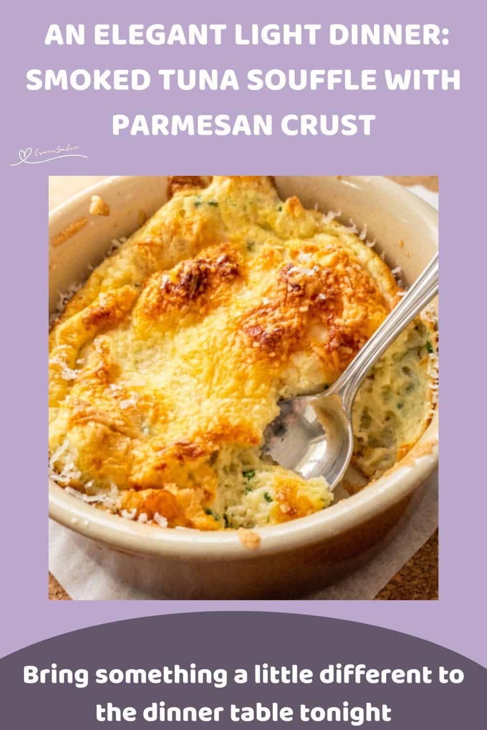 An image of a ramekin with Smoked Tuna Souffle with a Parmesan Crust