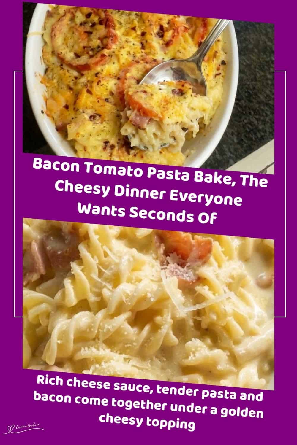 An image of a dish of Bacon Tomato Pasta Bake with three different cheeses