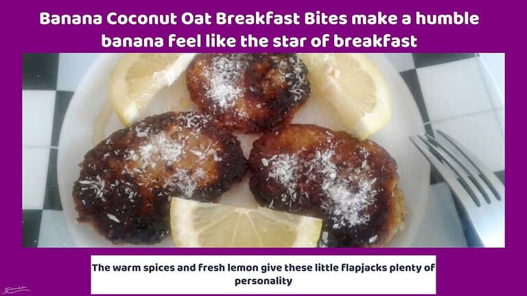 An image of Banana Coconut Oat Breakfast Bites with coconut and honey