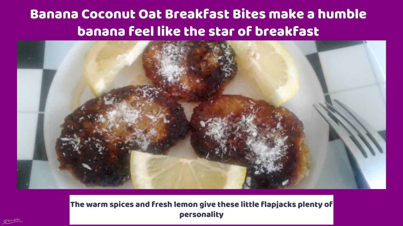 An image of Banana Coconut Oat Breakfast Bites with coconut and honey