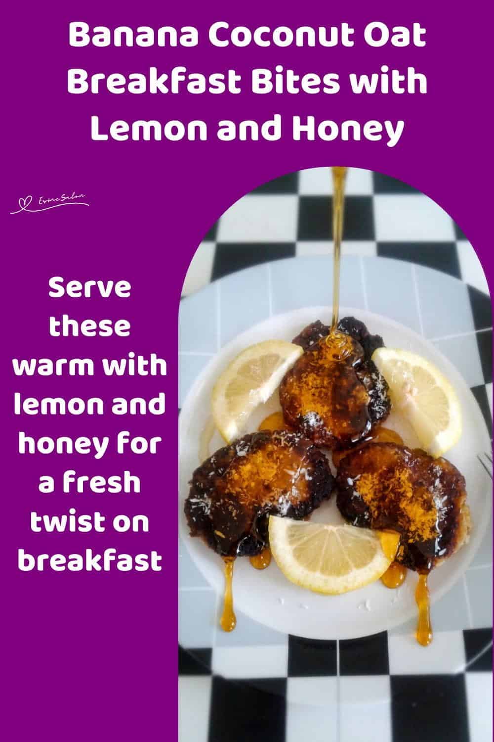 An image of Banana Coconut Oat Breakfast Bites with coconut and honey