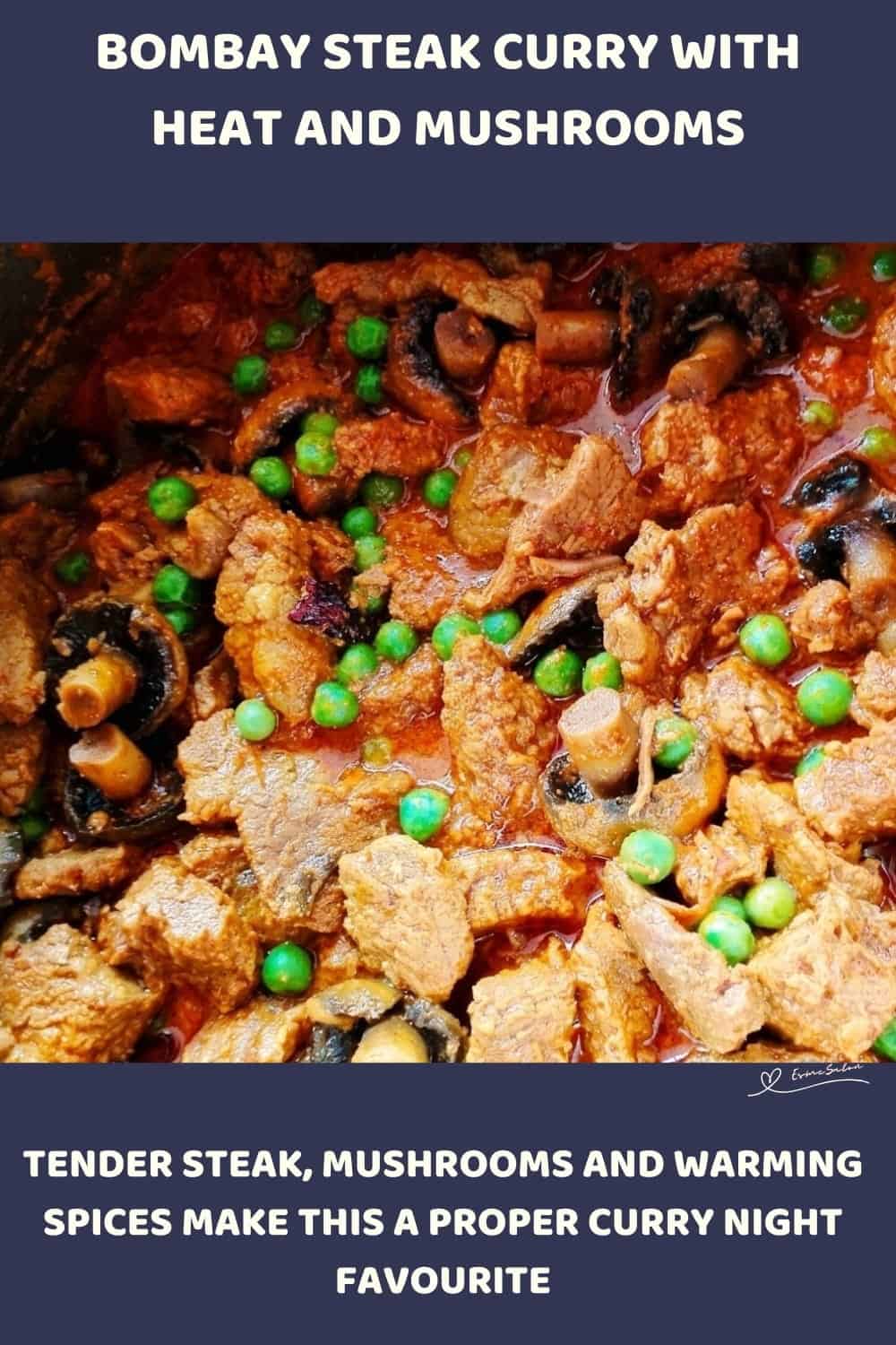 An image of a plate of Bombay Steak Curry with mushrooms and bold curry spices