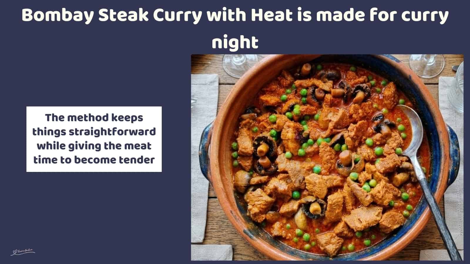 An image of a plate of Bombay Steak Curry with mushrooms and bold curry spices