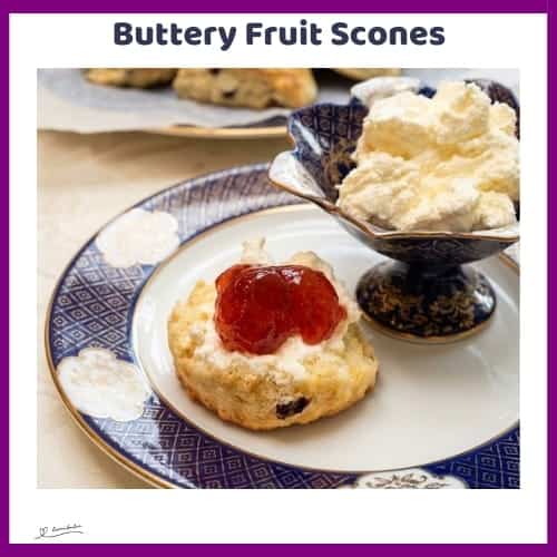 An image of a plate of Fruit Scones with Maas, Mixed Fruit and a Soft Tender Crumb