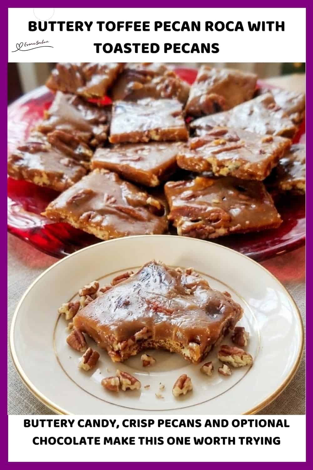 An image of a red serving dish with Buttery Toffee Pecan Roca