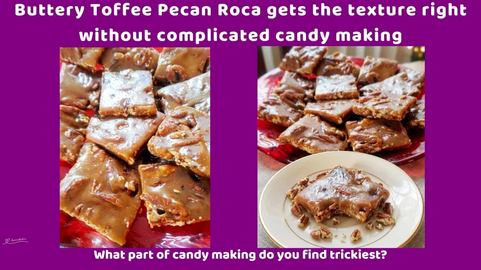 An image of a red serving dish with Buttery Toffee Pecan Roca