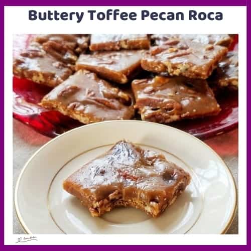 An image of a red serving dish with Buttery Toffee Pecan Roca