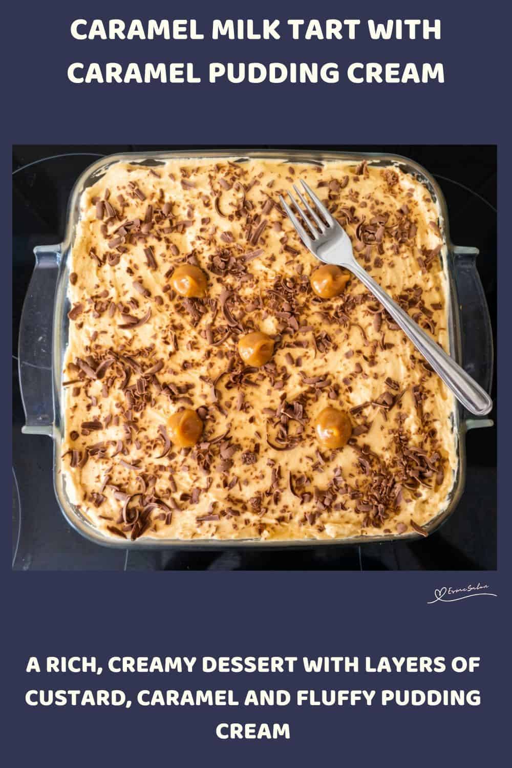 An image of a Creamy Caramel Milk Tart with chocolate shavings as decoration