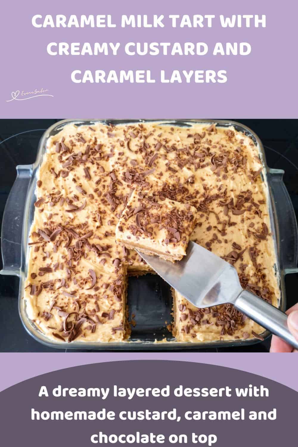 An image of a Creamy Caramel Milk Tart with chocolate shavings as decoration