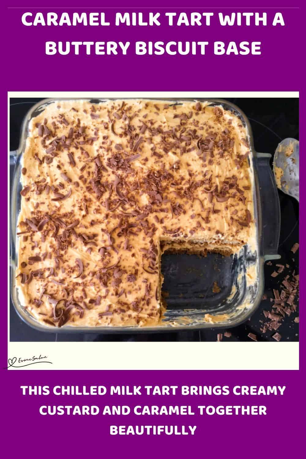 An image of a Creamy Caramel Milk Tart with chocolate shavings as decoration