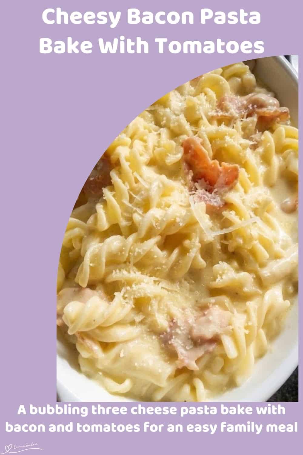 An image of a dish of Bacon Tomato Pasta Bake with three different cheeses