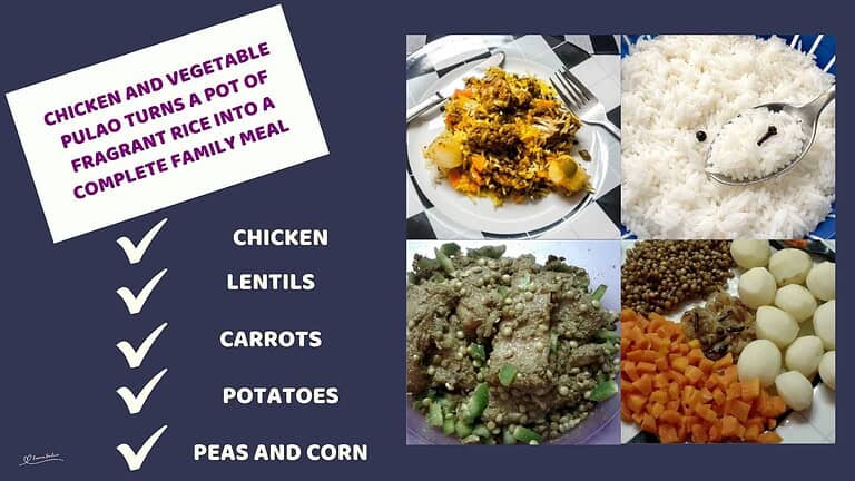 An image of a one-pot Chicken and Vegetable Pulao with Saffron Rice, Lentils and Spiced Chicken