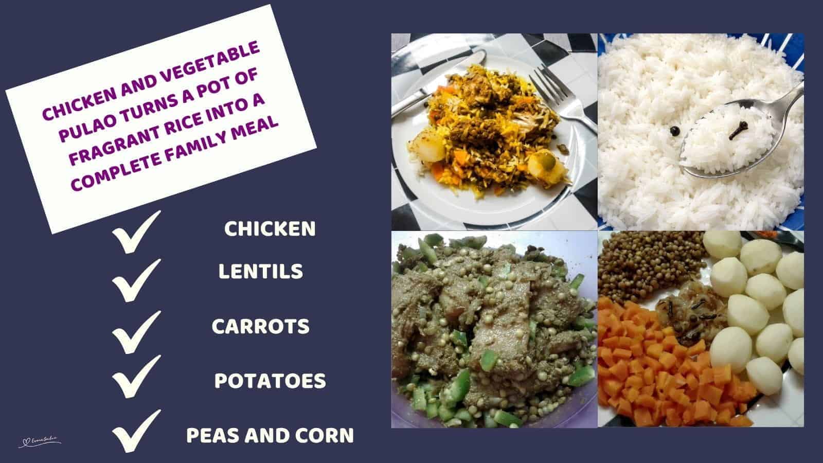 An image of a one-pot Chicken and Vegetable Pulao with Saffron Rice, Lentils and Spiced Chicken