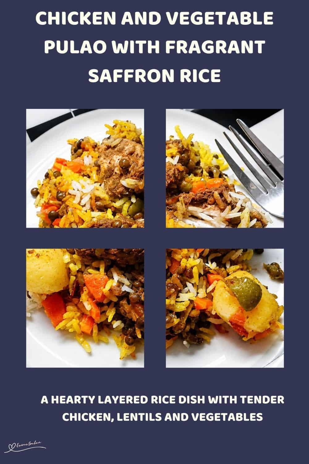 An image of a one-pot Chicken and Vegetable Pulao with Saffron Rice, Lentils and Spiced Chicken