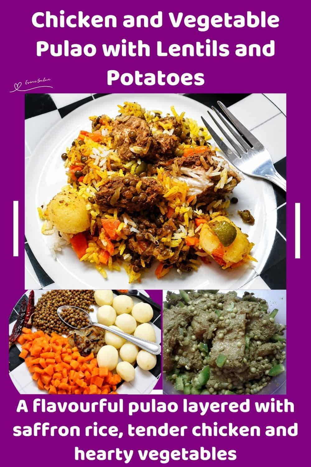 An image of a one-pot Chicken and Vegetable Pulao with Saffron Rice, Lentils and Spiced Chicken