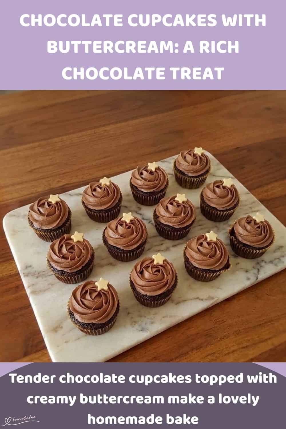 An image of a box and platter with Chocolate Cupcakes With Rich Cocoa Buttercream
