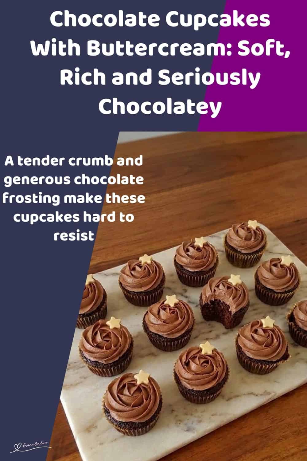 An image of a box and platter with Chocolate Cupcakes With Rich Cocoa Buttercream
